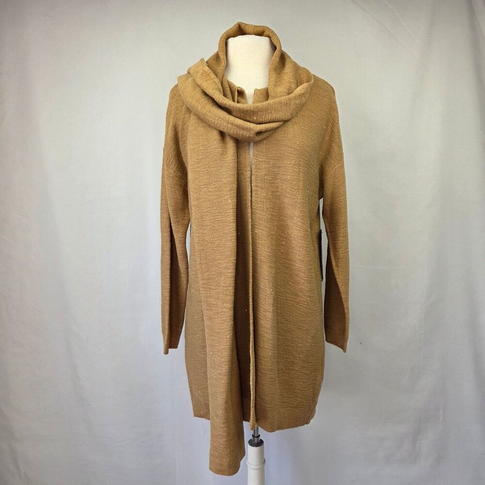 Donna Karan New York Micro Sequin Scarf Neck Open Cardigan Camel Size M